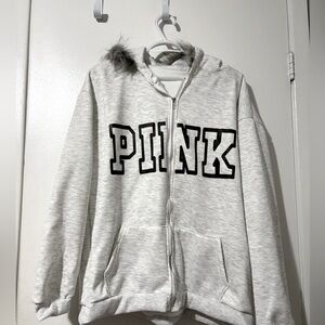 PINK Victoria's Secret Feather Gray Fur Hoodie